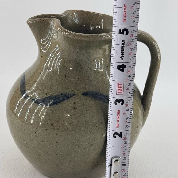 Handmade Studio Art Pottery Stoneware Pitcher Green Blue Primitive 5" Stamped - Picture 7 of 8